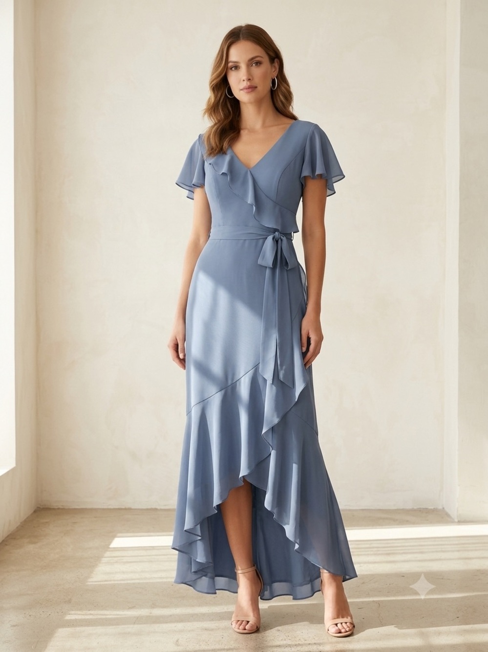 Stacees Blue Chiffon Ruffle Maxi Dress Womens Sz XL Wrap High Low Wedding Wear